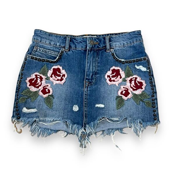 Free People Wild Rose Embroidered Distressed Denim Mini Skirt Womens Size 25 (2) - Picture 4 of 10